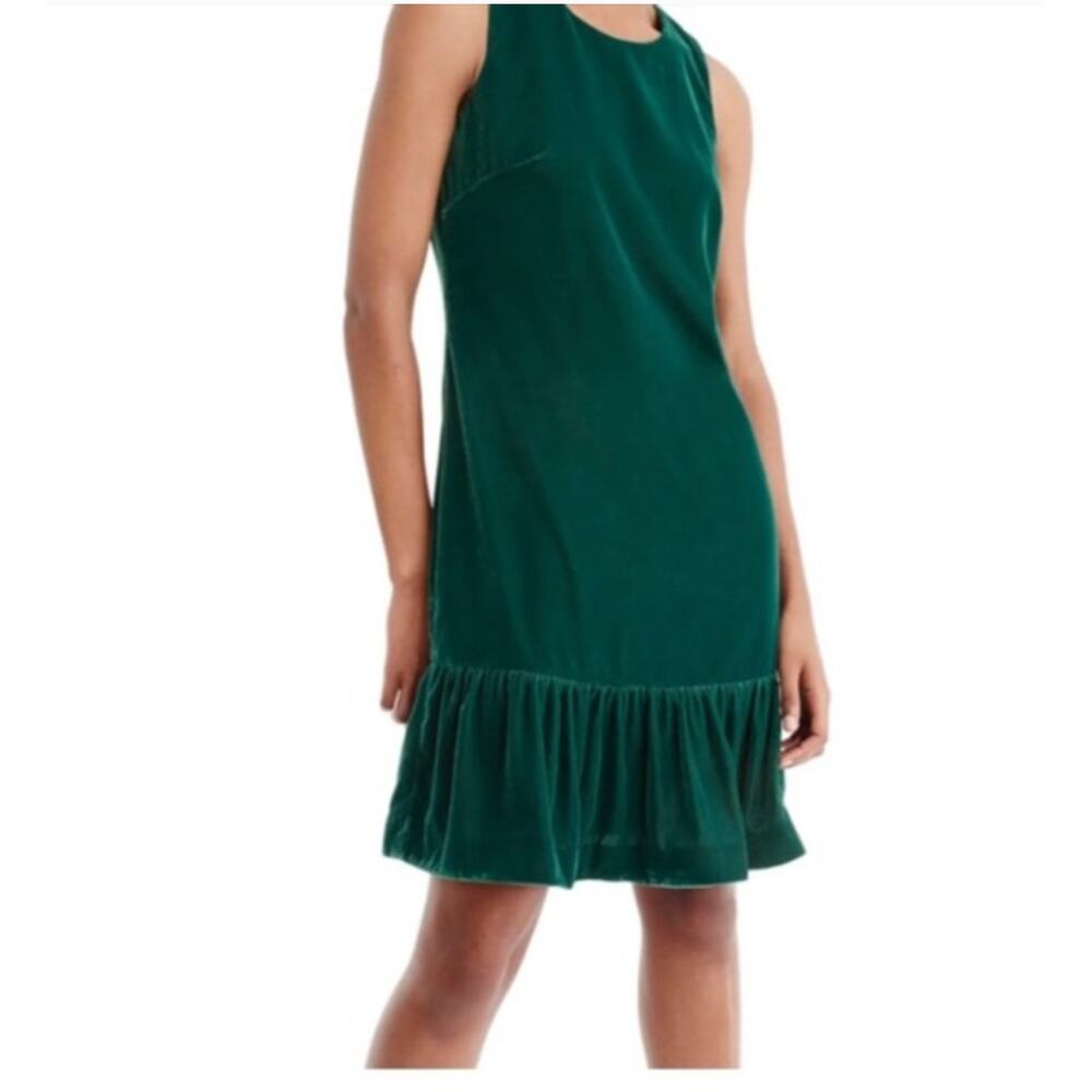J Crew Velvet Ruffle Hem Holiday Shift Dress | Sz 00 | Emerald Green NWT - Picture 3 of 8
